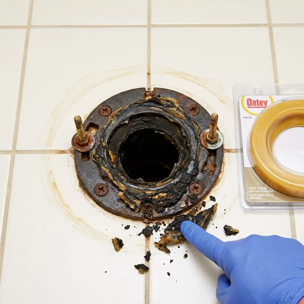 Failed wax ring showing water seepage at the base of a toilet in a Oak Ridge, NC home