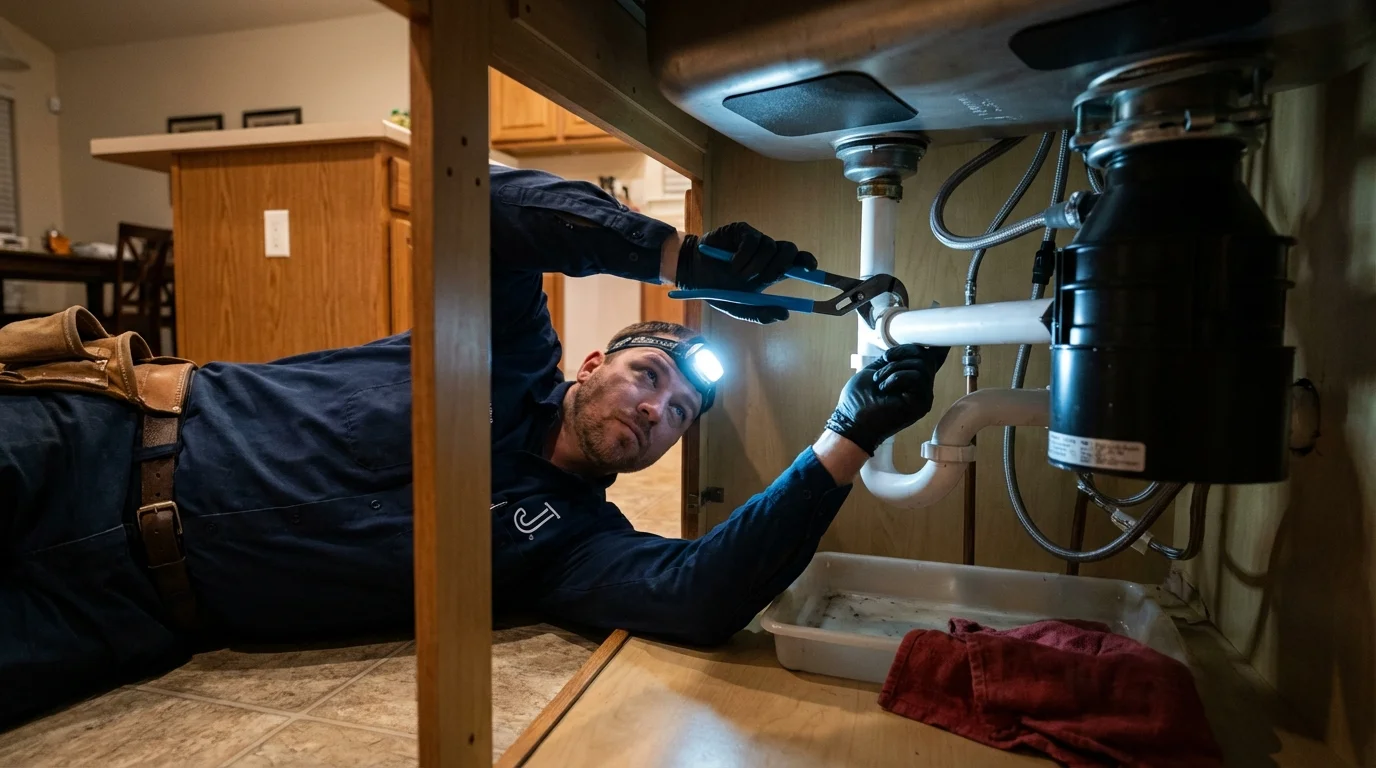 P-trap and supply line connections under a kitchen sink showing a common leak point in Oak Ridge, NC